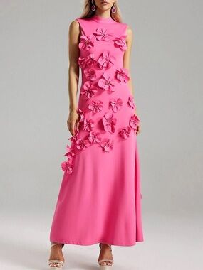 Pink 3D Floral Appliqué Maxi Dress Sleeveless Mock Neck Statement Dress S